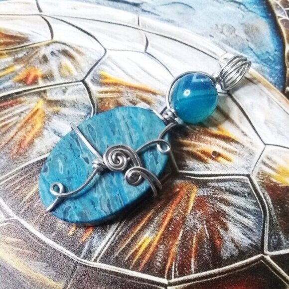 Blue Crazy Lace Agate & Banded Blue Agate ~ Wire Wrapped! Stacked Stone Pendant - Picture 3 of 10